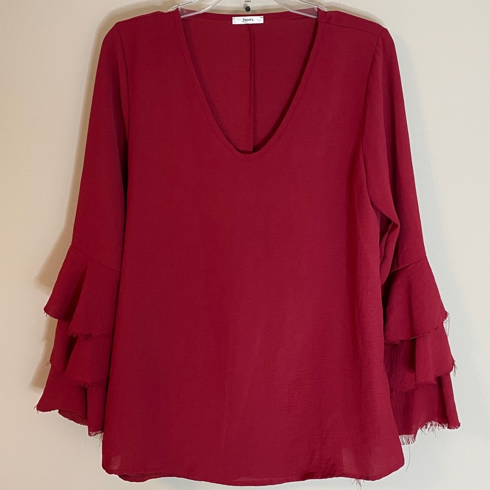 Jodifl Deep Red Layered Sleeve Blouse v-neck medium fairy core solid  Valentine